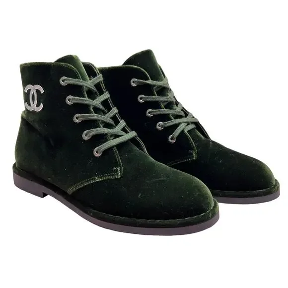 CHANEL Interlocking CC Logo Velvet Lace-Up Boots EU 38 US 8 Green Ankle Booties - Picture 2 of 16